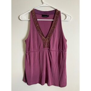 The Limited 100% Silk Magenta V-neck Beaded Neckline Tank Medium 2005